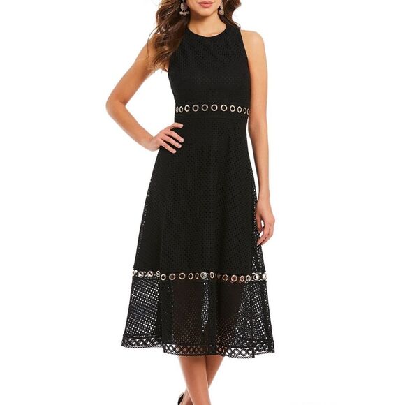 Gianni Bini Dresses & Skirts - Gianni Bini Black Eyelet Lace Midi Dress with Gold Details